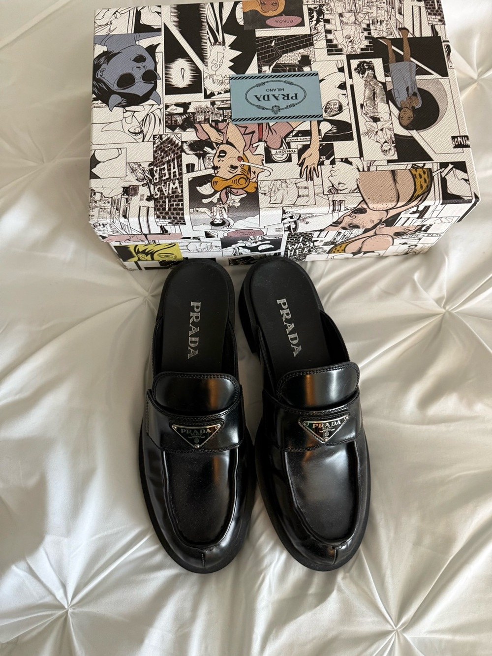 Prada Black Patent Leather Backless Loafers